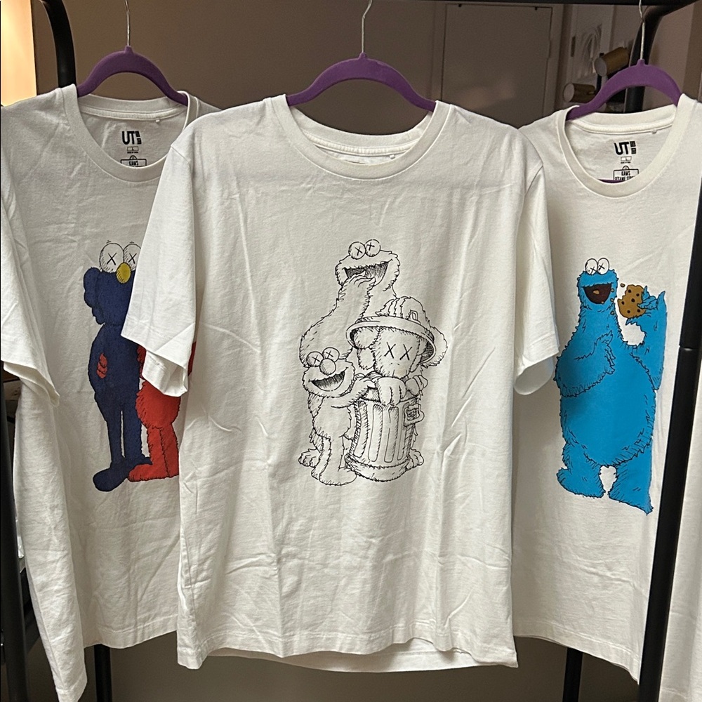 White Graphic Kaws x Sesame Street x Uniqlo T-shirts (3 for one)